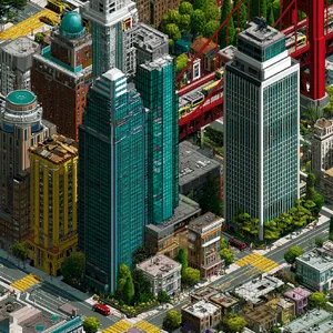 Pixel art cityscape of San Francisco in the iconic SimCity 2000 style, isometric view, detailed skyscrapers, residential areas, clearly identifiable Golden Gate Bridge, Coit Tower, Transamerica Pyramid, surrounded by the classic SimCity 2000 UI elements - Midjourney Midjourney v7
