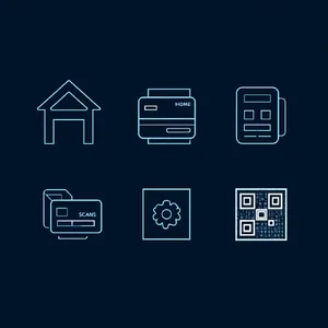 Set of 5 consistent flat design icons for a mobile banking app: 'Home', 'Transfer', 'Account', 'Scan QR', 'Settings'. Monochrome dark blue. - Midjourney Midjourney v7