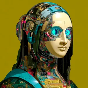 The Mona Lisa reimagined as a futuristic android, rendered in a digital art style that preserves Da Vinci's composition while incorporating sleek cyberpunk aesthetics and technological elements. - Midjourney Midjourney v7