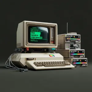 Vintage Apple II computer with green monochrome CRT screen, displaying 'END OF WORLD PROCEDURES' in green text. Two external floppy drives stacked on the right, labeled disk II with rainbow Apple logos. Beige casing, black background, retro aesthetic. - Midjourney Midjourney v7