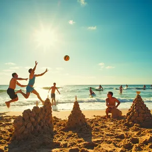 A beach scene: adults playing volleyball, kids building sandcastles, and surfers riding waves. - Minimax MiniMax Image-01