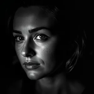 A black and white close-up portrait of a freckled woman with an intense gaze. - Minimax MiniMax Image-01