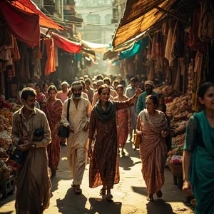 A bustling market scene with dozens of people buying and selling goods. - Minimax MiniMax Image-01