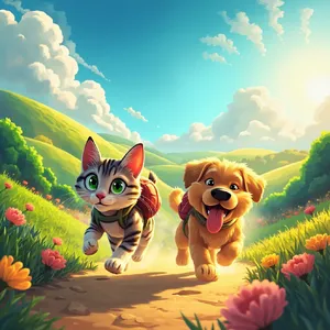 A cartoon of a cat and a dog on an adventure, drawn in a colorful 2D style. - Minimax MiniMax Image-01