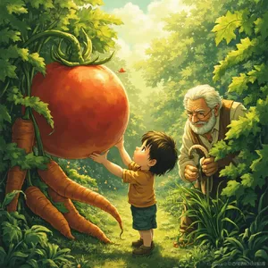 A child and elder tending oversized vegetables in a garden. Reproduce the artistic style of Studio Ghibli, with their distinctive character proportions and detailed plant illustrations. - Minimax MiniMax Image-01
