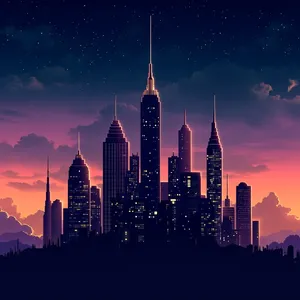 A city skyline that forms the shape of musical notes on a staff, created in a stylized graphic design aesthetic with clean architectural lines and dramatic twilight colors. - Minimax MiniMax Image-01