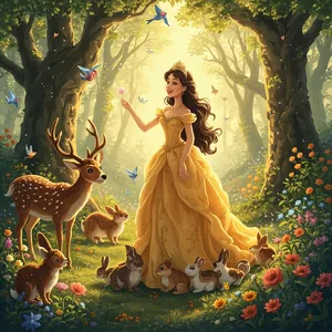 A classic Disney-like 2D cartoon princess singing with animals in a forest. - Minimax MiniMax Image-01