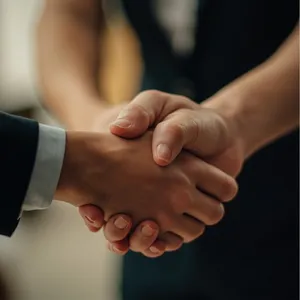 A close-up of two people shaking hands, both hands fully visible with five fingers each, in sharp focus against a blurred background. - Minimax MiniMax Image-01