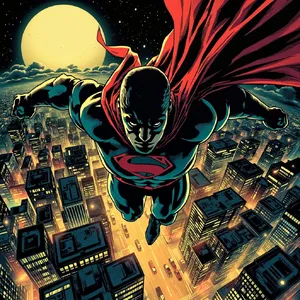 A comic-book style superhero flying over a city at night, with halftone shading. - Minimax MiniMax Image-01