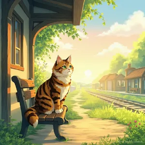 A countryside train station with a cat waiting on a bench. Rendered in Studio Ghibli animation style with Miyazaki's watercolor backgrounds and hand-drawn quality. - Minimax MiniMax Image-01