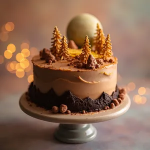 A dessert cake that looks like a tiny planet, complete with miniature trees and mountains, photographed in a professional food photography style with tilt-shift focus effect. - Minimax MiniMax Image-01