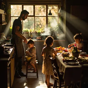 A family cooking together in a kitchen, each person busy with a different task. - Minimax MiniMax Image-01