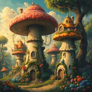 A forest of giant mushrooms with houses built on top of them, rendered in a whimsical Studio Ghibli-inspired art style with vibrant colors and fantastical details. - Minimax MiniMax Image-01