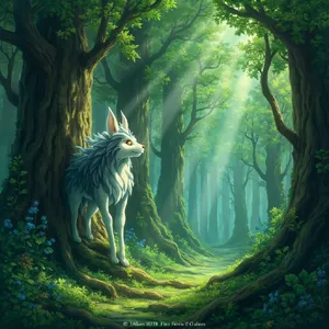 A forest spirit standing among tall trees. Replicate the artistic style of 'Princess Mononoke' by Studio Ghibli, with Miyazaki's detailed environments and mystical creature design. - Minimax MiniMax Image-01