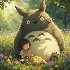 A girl and a giant fluffy creature napping in a wildflower meadow. Reproduce the art style of 'My Neighbor Totoro' by Studio Ghibli, with Miyazaki's soft character designs. - Minimax MiniMax Image-01
