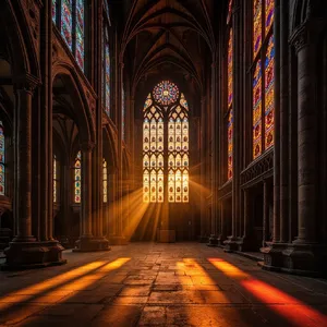 A Gothic cathedral interior at sunset with light streaming through detailed stained glass windows, creating colored patterns on stone floors and columns. Show accurate ribbed vaulting. - Minimax MiniMax Image-01