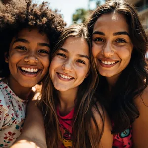 A group selfie of three friends of different ethnic backgrounds smiling at the camera. - Minimax MiniMax Image-01