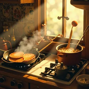 A kitchen with magical cooking implements preparing breakfast. Duplicate the artistic style of Studio Ghibli's domestic scenes, with Miyazaki's detailed settings and warm lighting. - Minimax MiniMax Image-01