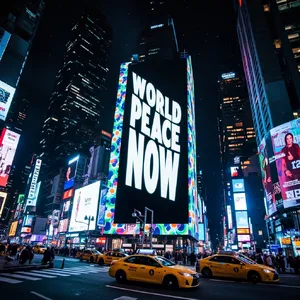A large storefront billboard at Times Square displaying the slogan “WORLD PEACE NOW” in bold, clear letters, amidst a vibrant cityscape at night. - Minimax MiniMax Image-01