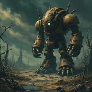 A mechanical creature in a polluted landscape. Capture the visual aesthetic of 'Nausicaä' by Studio Ghibli, with Miyazaki's mechanical designs and environmental contrast. - Minimax MiniMax Image-01