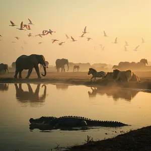 A misty dawn at an African savanna watering hole where elephants, lions, and zebras coexist in tense harmony, with a crocodile partially submerged in the foreground and flamingos taking flight in the background, golden hour lighting. - Minimax MiniMax Image-01