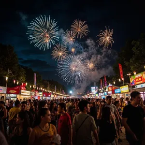 A nighttime festival with fireworks in the sky, food stalls lined up, and crowds mingling. - Minimax MiniMax Image-01