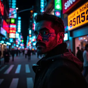 A nighttime portrait of a man lit by neon signs on a city street. - Minimax MiniMax Image-01