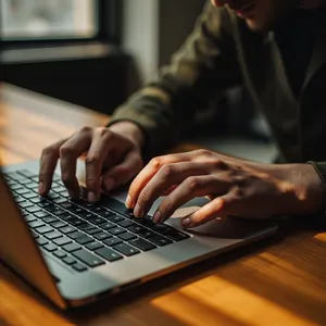 A person typing on a laptop keyboard, showing both hands on the keys. - Minimax MiniMax Image-01