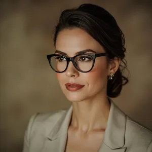 A professional headshot of a businesswoman wearing glasses, against a blurred background. - Minimax MiniMax Image-01