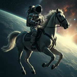 A realistic astronaut being ridden by a horse, photorealistic depiction in outer space with accurate lighting and proportions - Minimax MiniMax Image-01