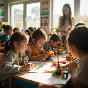 A school classroom of children and a teacher, each student engaged in a different activity. - Minimax MiniMax Image-01