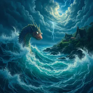 A sea creature rising from a stormy ocean near a village. Replicate the visual style of 'Ponyo' by Studio Ghibli, with Miyazaki's fluid water animations and vibrant creatures. - Minimax MiniMax Image-01