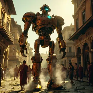 A steampunk robot time-traveling in ancient Rome, depicted in a detailed cinematic style that blends historical accuracy with copper and brass retrofuturistic aesthetics. - Minimax MiniMax Image-01