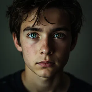 A studio headshot of a young man with one blue eye and one green eye (heterochromia). - Minimax MiniMax Image-01