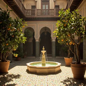 A traditional Moroccan riad courtyard with detailed zellige tilework, flowing fountain, citrus trees, and ornate woodwork. Morning light casting intricate shadow patterns. - Minimax MiniMax Image-01