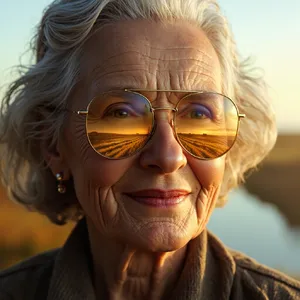A ultra high-resolution portrait of an elderly woman with silver hair and bifocal glasses, each lens reflecting a distant landscape, captured in warm late-afternoon sunlight - Minimax MiniMax Image-01