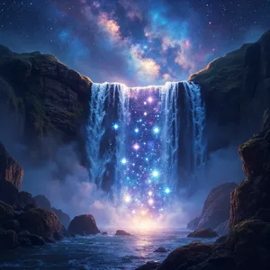 A waterfall that pours out stars and galaxies instead of water, illustrated in a cosmic fantasy style with vibrant space colors and dramatic lighting effects. - Minimax MiniMax Image-01