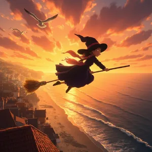 A young witch flying on a broomstick above a coastal town at sunset. Exact art style of 'Kiki's Delivery Service' by Studio Ghibli, with Miyazaki's character design and warm colors. - Minimax MiniMax Image-01