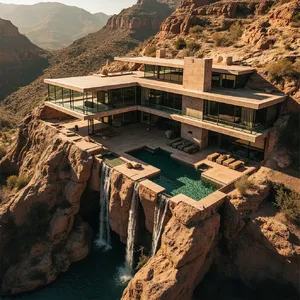Aerial view of a modernist desert home, in the style of Frank Lloyd Wright's Fallingwater but adapted to desert conditions. Show integration with rocky landscape and water features. - Minimax MiniMax Image-01