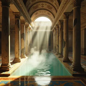 An ancient Roman bathhouse interior with accurate architectural details - marble columns, mosaic floors, arched ceilings, and steam rising from pools. Natural light from oculus openings. - Minimax MiniMax Image-01