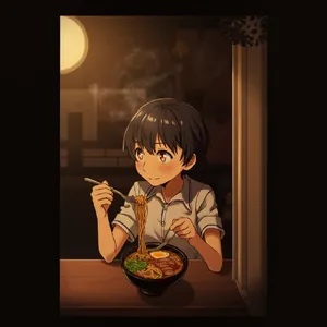 An anime scene of a character eating ramen at a small shop counter (slice-of-life style). - Minimax MiniMax Image-01