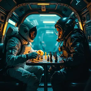 An astronaut and a deep-sea diver playing chess together inside a submarine. - Minimax MiniMax Image-01