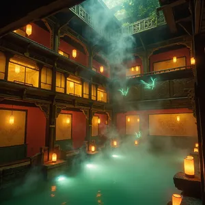 An enchanted bathhouse with glowing lanterns and spirits. Recreate the visual style of 'Spirited Away' by Studio Ghibli, with Miyazaki's ornate architecture and magical atmosphere. - Minimax MiniMax Image-01