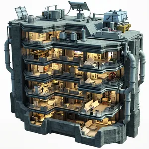 Cross-section rendering of a multi-level underground bunker with different functional areas, structural support systems, ventilation, and power generation facilities visible. - Minimax MiniMax Image-01