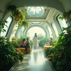 Interior of a futuristic space habitat with hydroponics gardens, communal areas, and living quarters. Show curved walls, artificial gravity considerations, and multipurpose furniture designs. - Minimax MiniMax Image-01