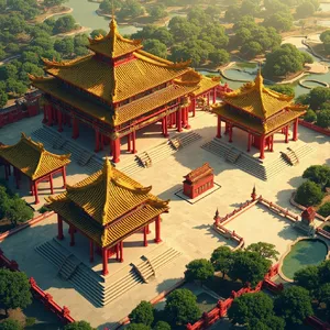 Isometric architectural illustration of an ancient Chinese temple complex showing multiple pavilions, gardens, and ceremonial spaces. Include proper roof structures and traditional ornamentation. - Minimax MiniMax Image-01