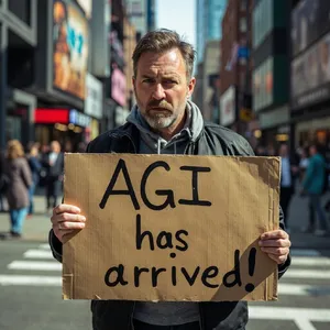 Photorealistic daytime street photograph, clearly showing a man standing still on a busy urban street corner holding a rectangular cardboard sign clearly facing camera, handwritten bold black marker text clearly readable as 