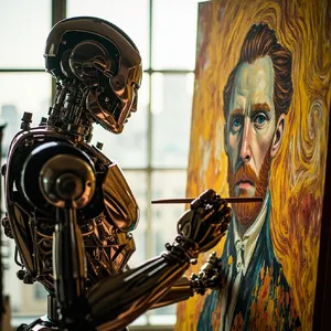 Photorealistic image of a robot painting a realistic self-portrait (i.e. the robot) on canvas, mimicking Van Gogh’s art style; clear, realistic metallic textures and painting details visible - Minimax MiniMax Image-01