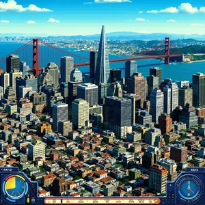 Pixel art cityscape of San Francisco in the iconic SimCity 2000 style, isometric view, detailed skyscrapers, residential areas, clearly identifiable Golden Gate Bridge, Coit Tower, Transamerica Pyramid, surrounded by the classic SimCity 2000 UI elements - Minimax MiniMax Image-01