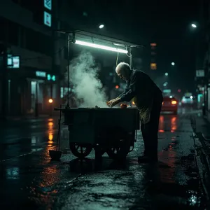 Rain-slicked Singapore street, 3 AM. A lone elderly hawker cleans his cart under one flickering fluorescent light. Steam rises gently. Low-angle shot, photorealistic - Minimax MiniMax Image-01